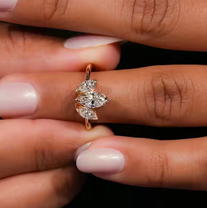 Three-Stone Marquise Cut Rose Gold Ring