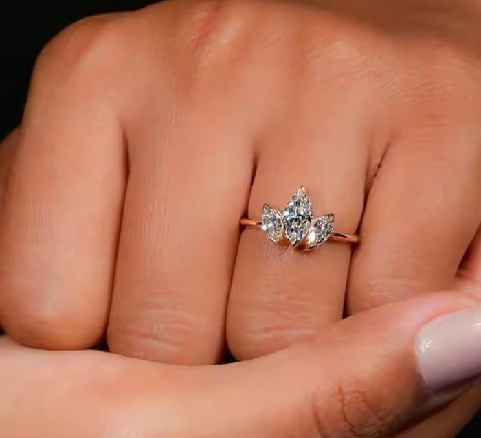 Three-Stone Marquise Cut Rose Gold Ring