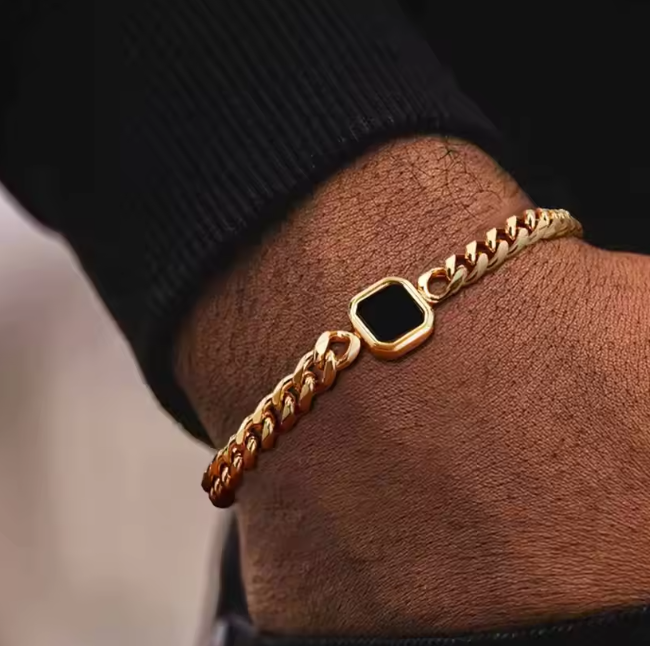 Modern Cuban Link Men's Bracelet with Square Stone