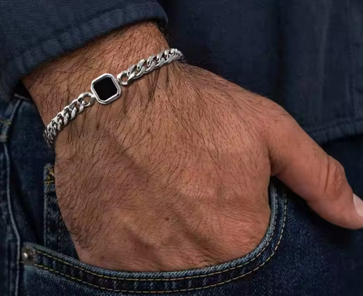 Modern Cuban Link Men's Bracelet with Square Stone