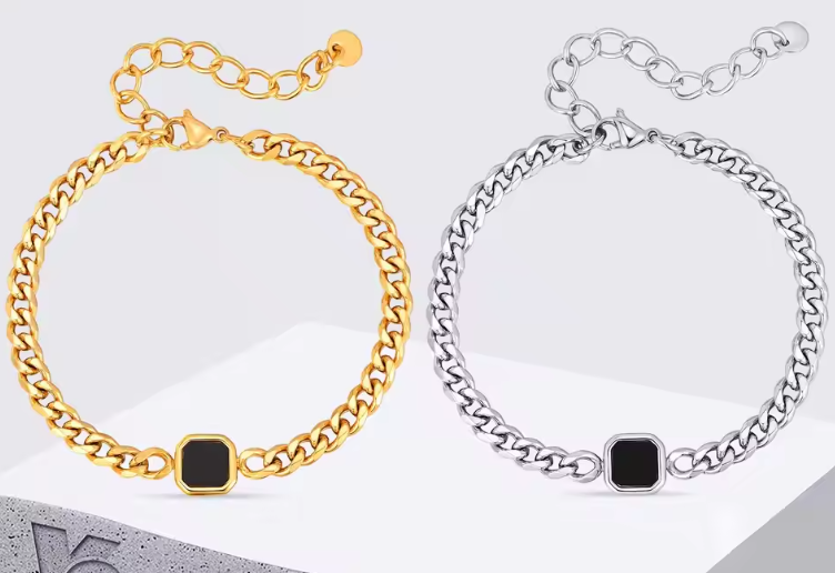 Modern Cuban Link Men's Bracelet with Square Stone