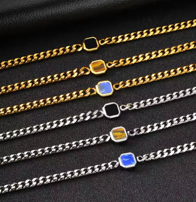 Modern Cuban Link Men's Bracelet with Square Stone