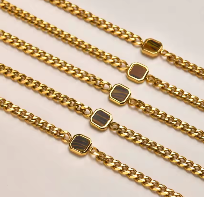 Modern Cuban Link Men's Bracelet with Square Stone